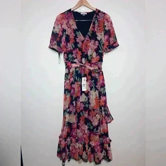 Calvin Klein Floral-Print Belted MIDI Dress - Picture 4 of 9